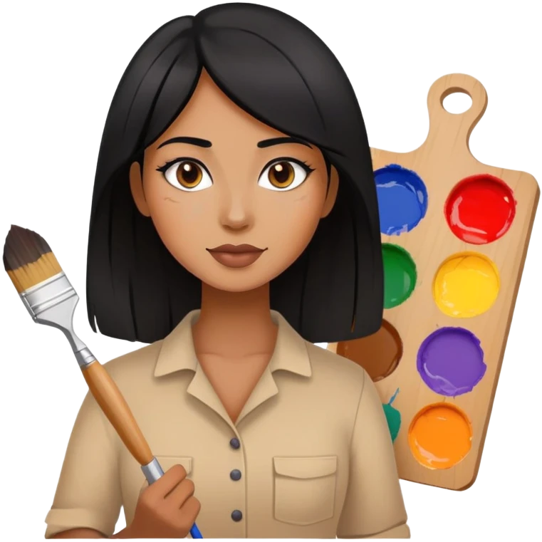 painting, artist, black hair tanned woman, paint pallet colors and paint brush. half body emoji