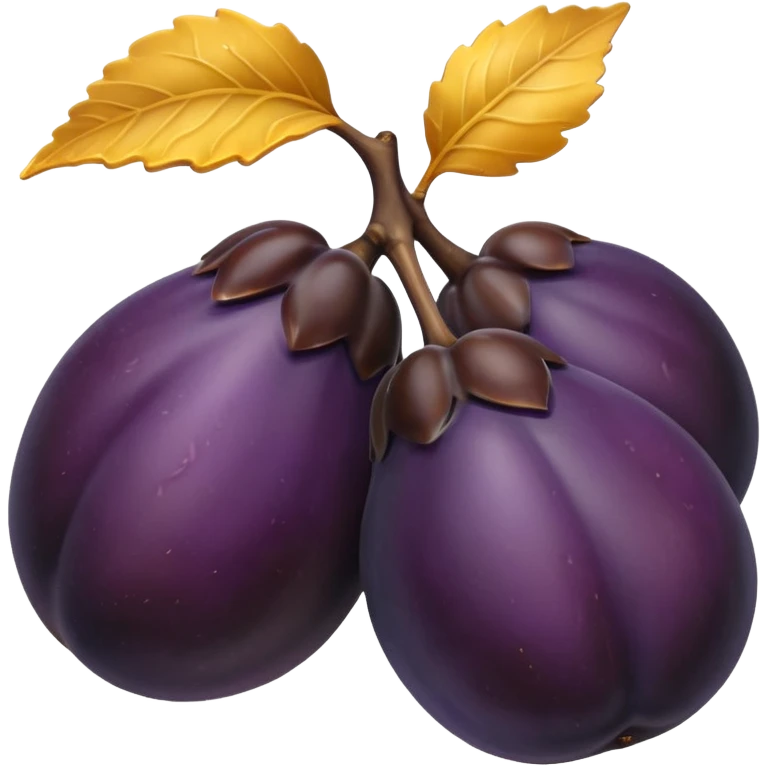 two whole ripe prunes with smooth slightly glossy dark purple skin and natural dimples, one fruit halved showing golden-yellow flesh and central brown pit, rounded plump shape with subtle color gradients, fresh juicy appearance, no leaves or background, soft lighting, subtle shadows, emoji scale emoji