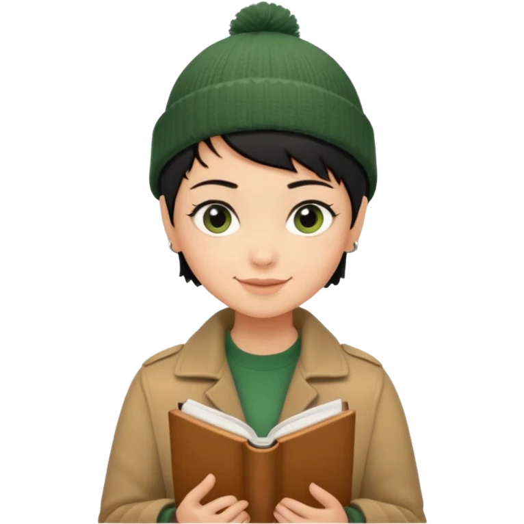 tan skin, non binary adult with pixie cut black hair, narrow eyes, wearing brown jacket and dark green beanie, shy smile , holding up  book  emoji