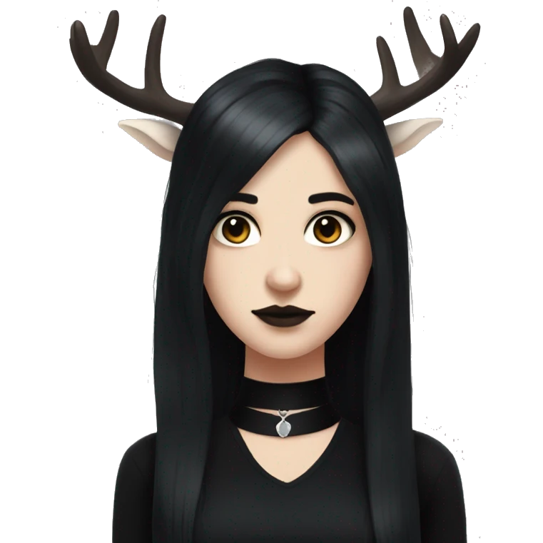 Portrait. Goth, deer girl. Wearing a black sleeveless dress with a choker. She has White antlers and deer ears. Long Black hair emoji