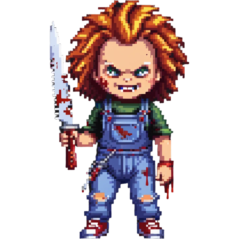 Chucky with wild hair, evil grin, holding a bloody knife emoji