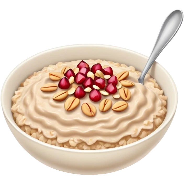 bowl of oatmeal with peanut butter, coconut flakes and pomegranate seeds emoji