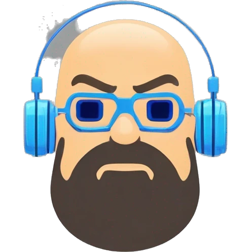 Bearded Fat bald cyborg head with tan skin, blue goggles and circuits emoji