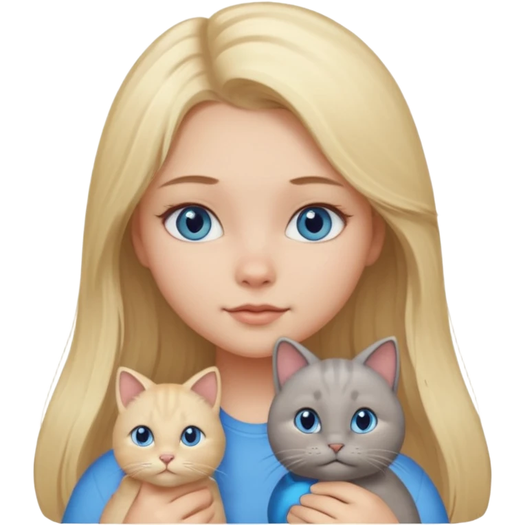 blonde girl with long blonde hair and blue eyes with chubby gray cat emoji