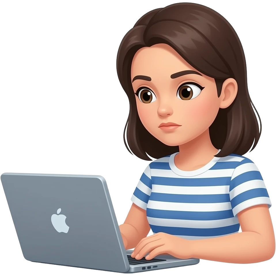 woman working on laptop, focused expression, slightly serious face, eyes looking at screen, minimal flat illustration, soft shadows, pastel tones, consistent style, same character design, no background emoji