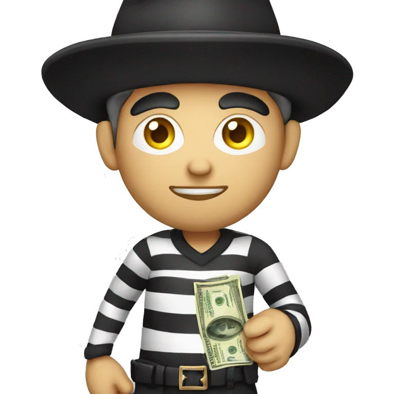 robber wearing criminal striped shirt, a black hat, holding a money sack with a dollar sign on it. emoji