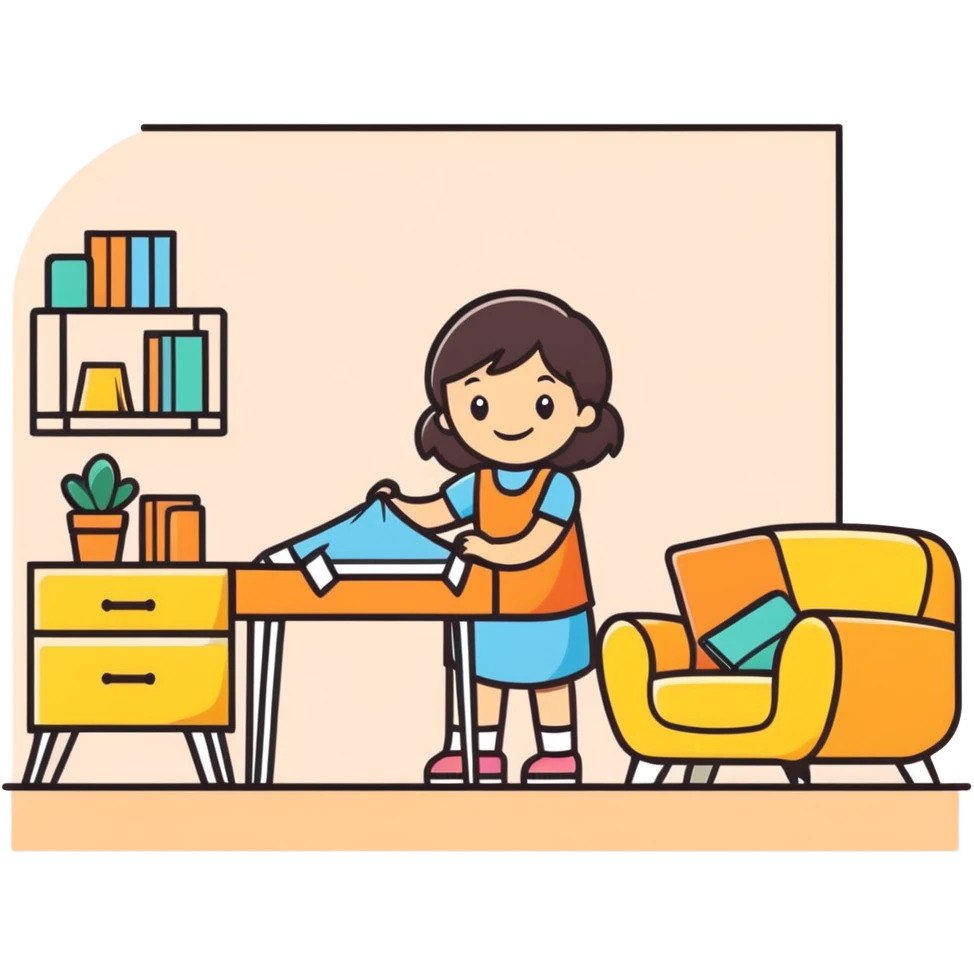 smiling girl arranging furniture in doll house emoji