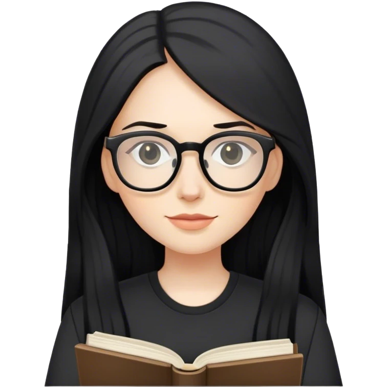 pale woman with long black hair, wearing glasses and black shirt holding a book emoji
