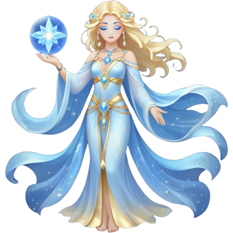 fullbody universe goddess Sophia, Ethereal Light Being, Made of starlight and fractals, Glowing white/gold skin with flowing translucent robes, Hair blue like galaxy mist, Jewelry made of stars and crystals emoji