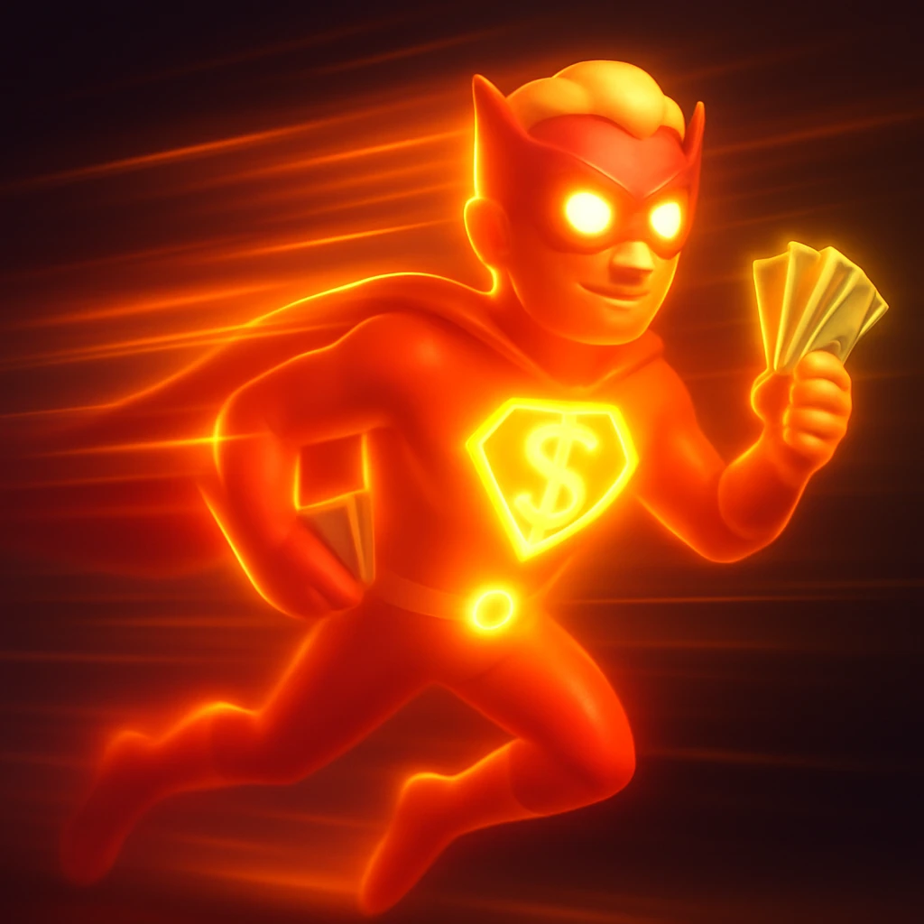 Make the superhero appear to be sprinting with glowing motion trails, blurred limbs, and streaks of light to show high velocity. The glowing money symbol should be prominent and eye-catching. emoji