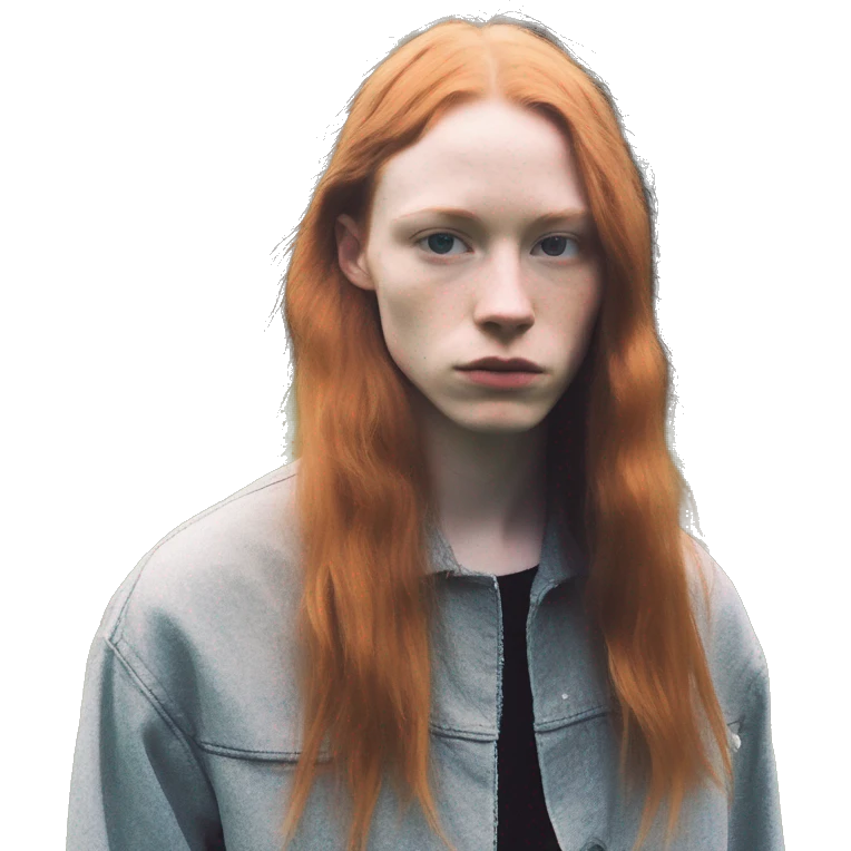 White fair skin, straight hair in a wolf haircut, ginger coloured hair, grundge aesthetic, beautiful face, British, stylist, aesthetic emoji