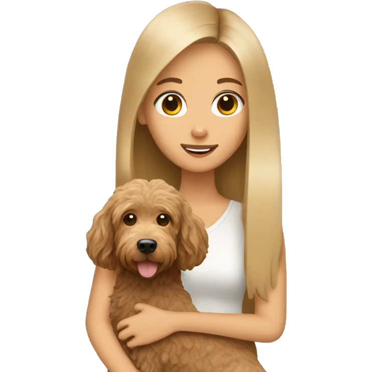 fan girl with long straight hair holding tan labradoodle emoji