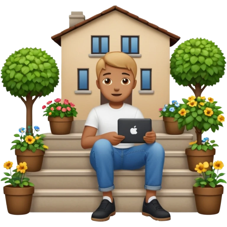 a home which has garden like and the home has slack emoji, where on the house steps, a blob chratcter holding black mac should sit and should look like wiork emoji