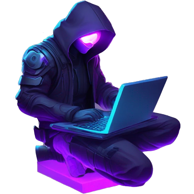 Side view developer behind his laptop with this style : crysis Cyberpunk Valorant neon glowing bright purple character purple violet black hooded assassin themed character emoji
