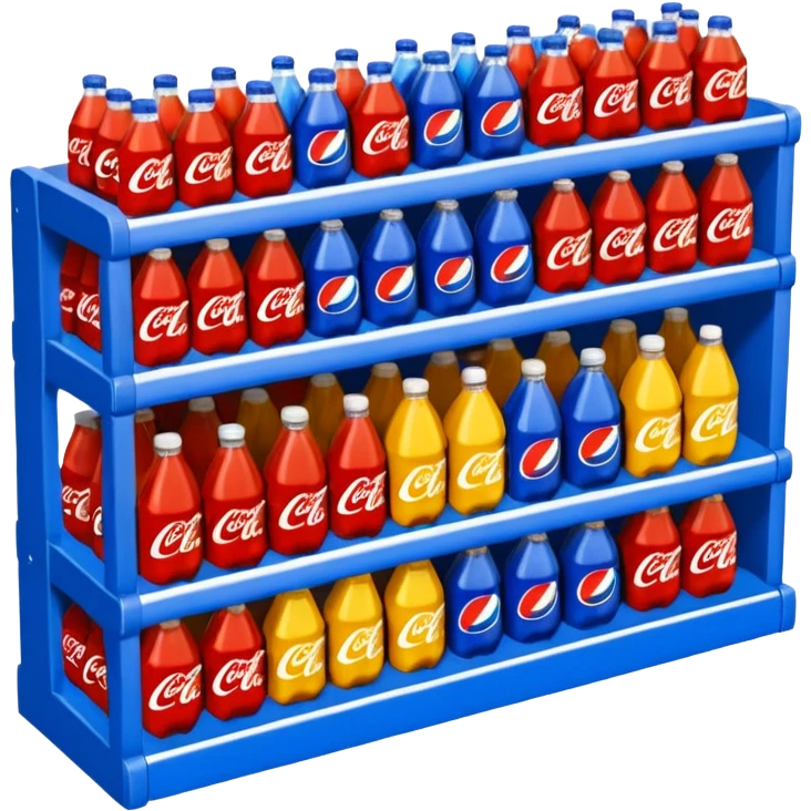 3D warehouse shelf with Coca-Cola, Pepsi, Fanta bottles and products, 
organized retail shelves, colorful product packages, store inventory, 
transparent background, emoji style, realistic, isometric view emoji