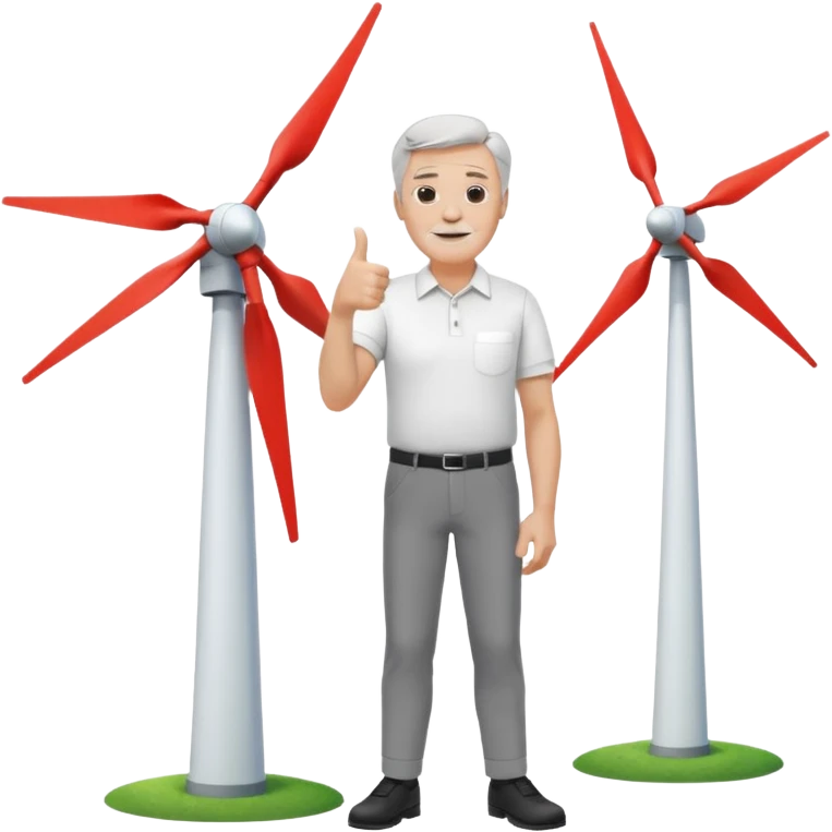 an older white man with grey hair and a white shirt and black pants doing a thumbs up pose, standing next to a single silver wind turbine emoji