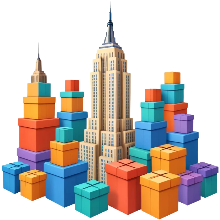 Empire State Building with boxes stacked in creative patterns, some boxes flying, lively emoji