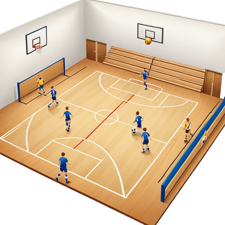 A mini-football match in an indoor sports hall with a wooden floor and clear court markings. The scene captures players in action, with the ball moving towards the goal, and the surrounding bleachers and overhead lights adding to the atmosphere of a competitive game. emoji