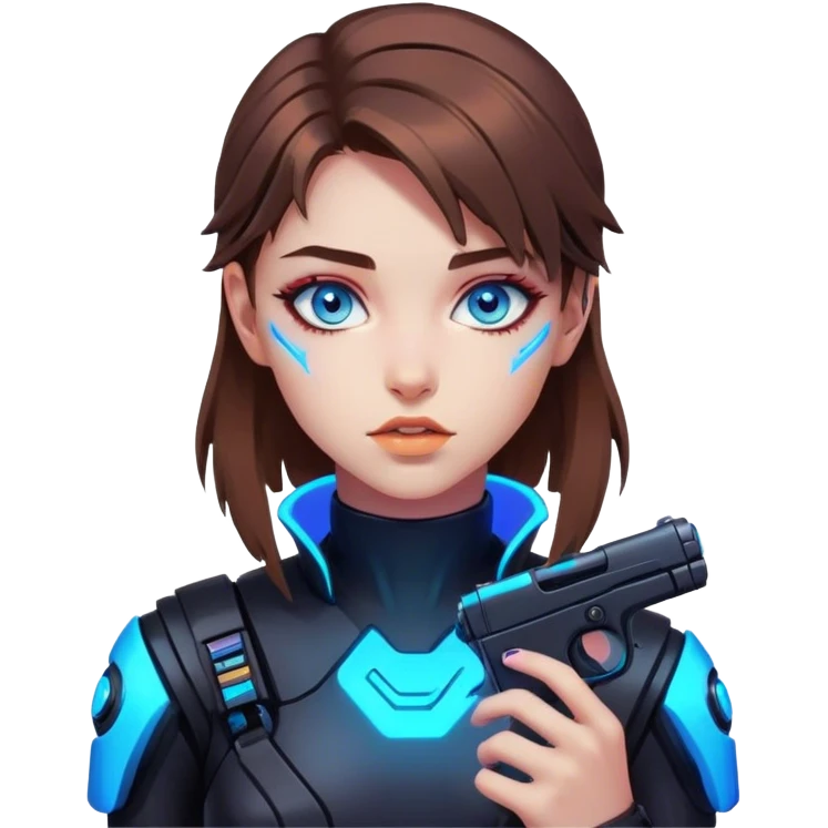 Neon cyberpunk style 
girl with brown hair and blue eyes 
shoots emoji