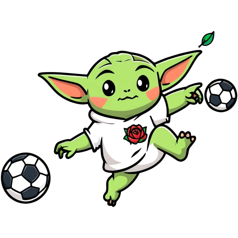 baby Yoda kicking a soccer ball with small roses beside him emoji