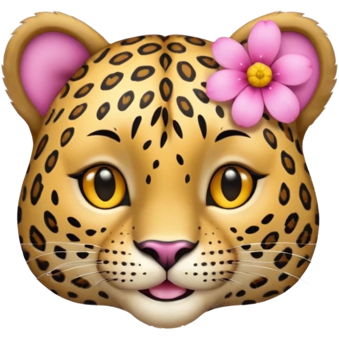 A leopard with peaceful smile, A pink flower with a yellow center is tucked behind its right ear
 emoji