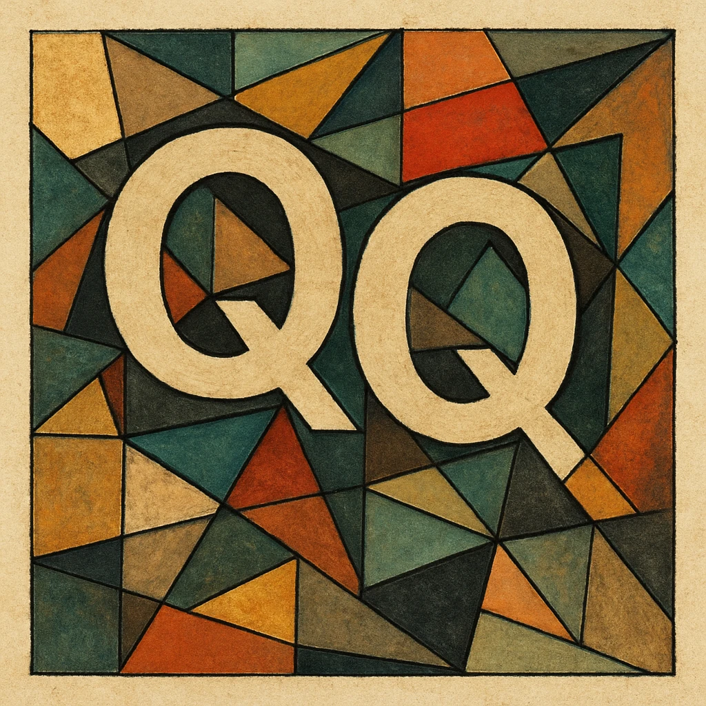 abstract cubist icon with 'QQ' as the main element, angular forms and vivid colors emoji
