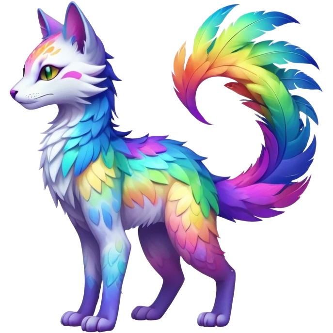 Kawaii neon colorful with feathers rainbow iridescent fantasy ethereal feline-vernid-sergal-fursona animal creature with a tufted tail full body with intricate markings emoji
