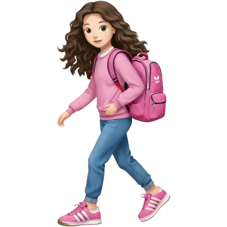 aestethic brunette very,very,very long wavy hair walking with a school backpack (no brand) with a cute jeans, pink sweat, adidas samba shoes emoji