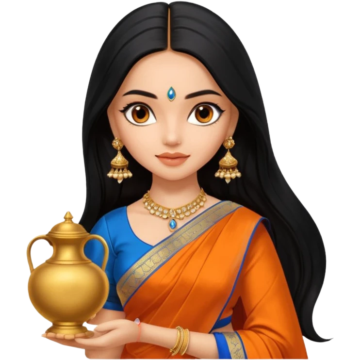 generate a pretty bratz Deepika Padukone with long black hair middle parted.
Wearing an orange saree with a blue blouse, golden jhumkas
SHe shoudl look like deepika padukone. dark brown eyes and carrying an urn emoji