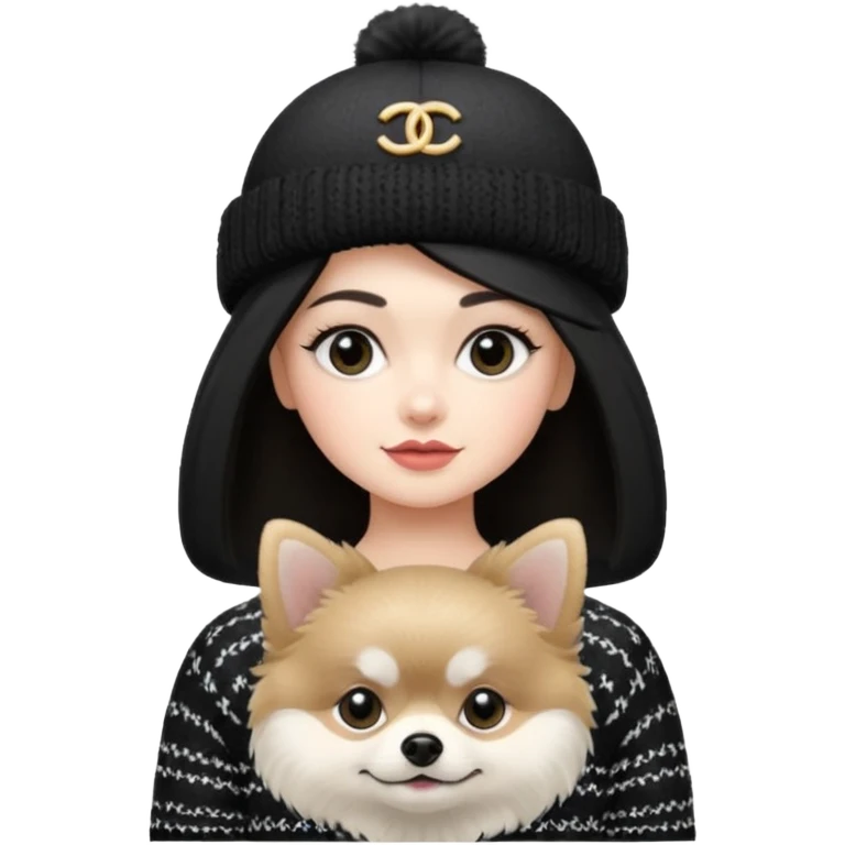 Black and white pomeranian wearing coco chanel Sweater and hat emoji