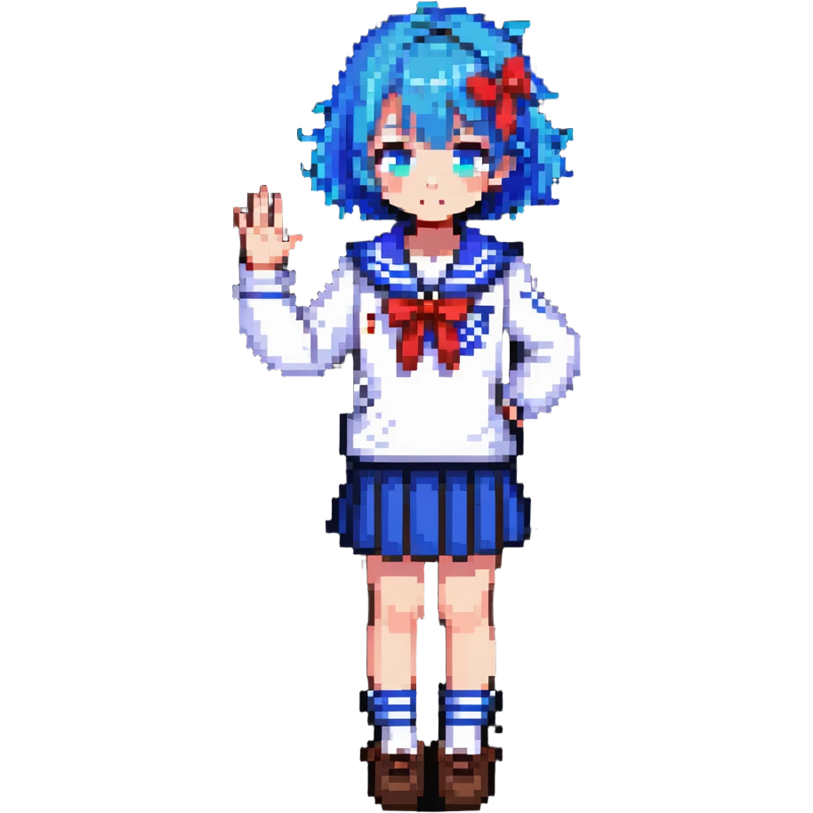 Pixel art anime girl with short bright blue hair wearing Japanese sailor style school uniform, trying to look confident with hand on hip but shyly waving with other hand, blushing cheeks and avoiding eye contact emoji