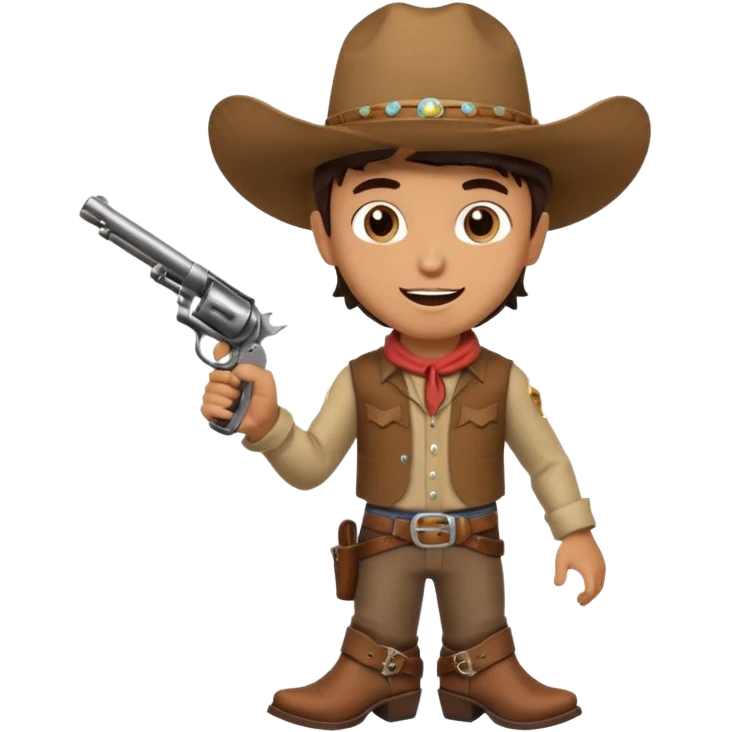 A young cowboy with oversized boots, excited expression, and a tiny toy revolver.
 emoji