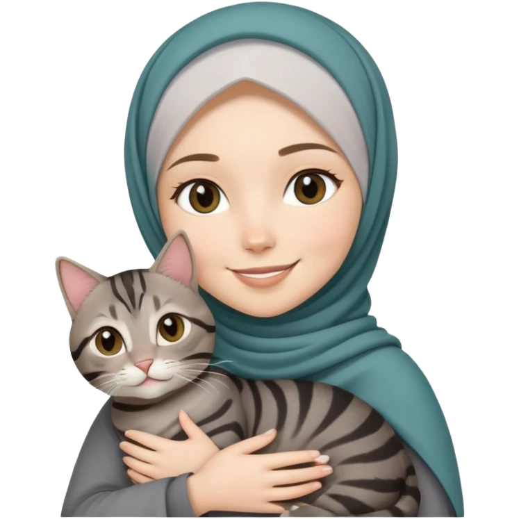 White girl wearing hijab smiling while holding a black grey tabby cat emoji