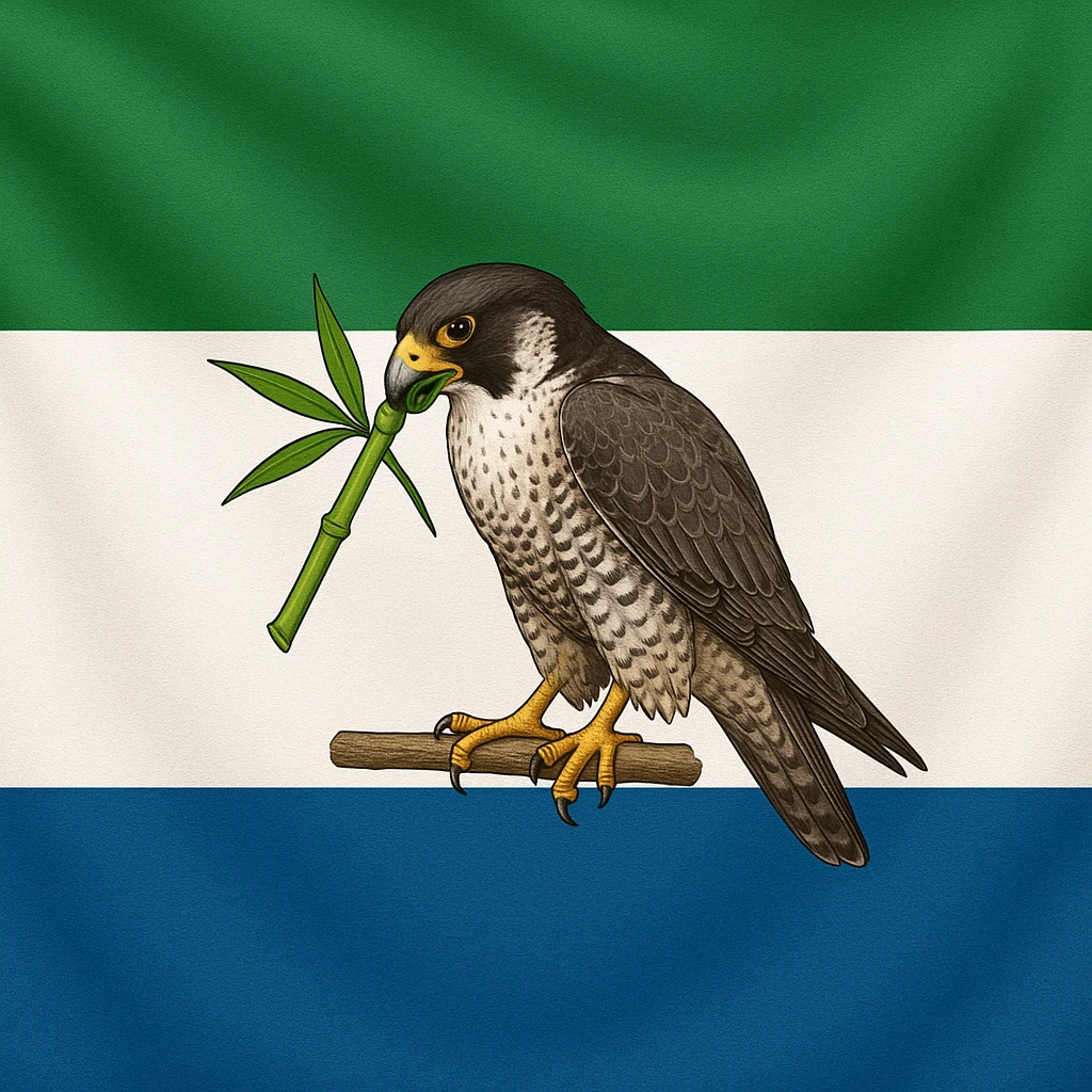 flag with three horizontal stripes: green on top, white in the middle, blue on the bottom; in the center, a falcon eating bamboo, detailed and realistic emoji