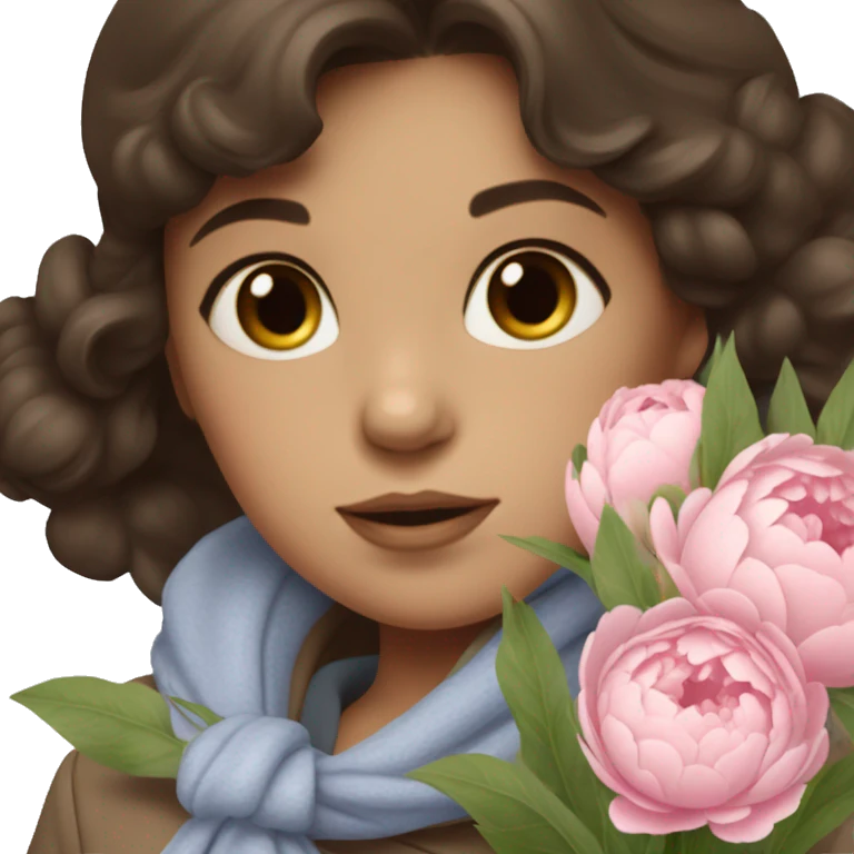 a girl with dark brown hair and blue eyes dressed in a baige winter coat with a baby pink scarf holding a bouquet of peonies emoji