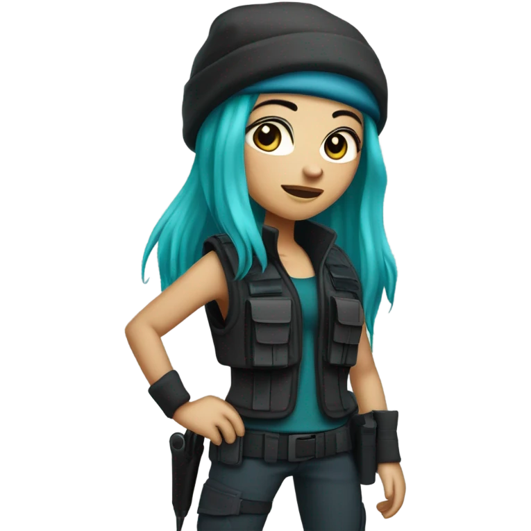 Girl, white skin, tactical vest, dark pants, long teal and purple hair, blue eyes, black beanie hat, knife, black combat boots emoji