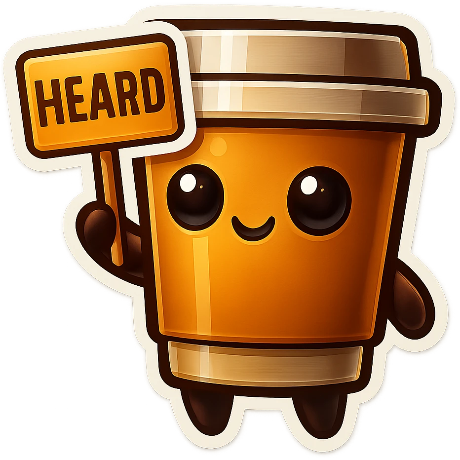Tall coffee cup, no mouth, holding sign "heard" emoji