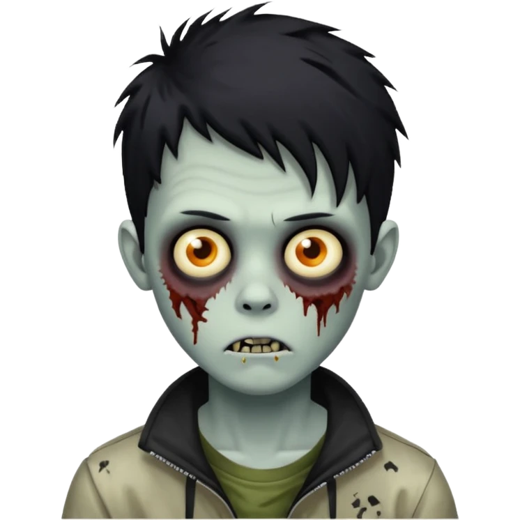 Zombie Boy with black large messy hair and teenager aparience, black background emoji