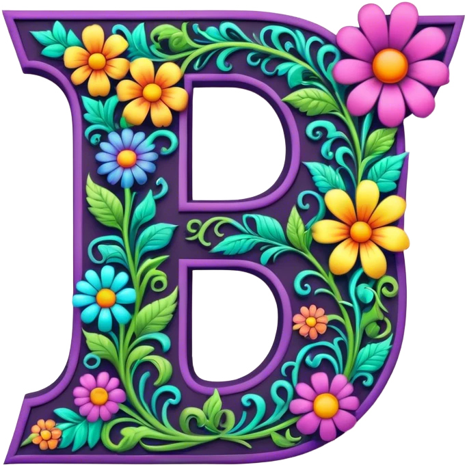 3D, gothic style psychedelic colored Letter U with hippie style flower border emoji