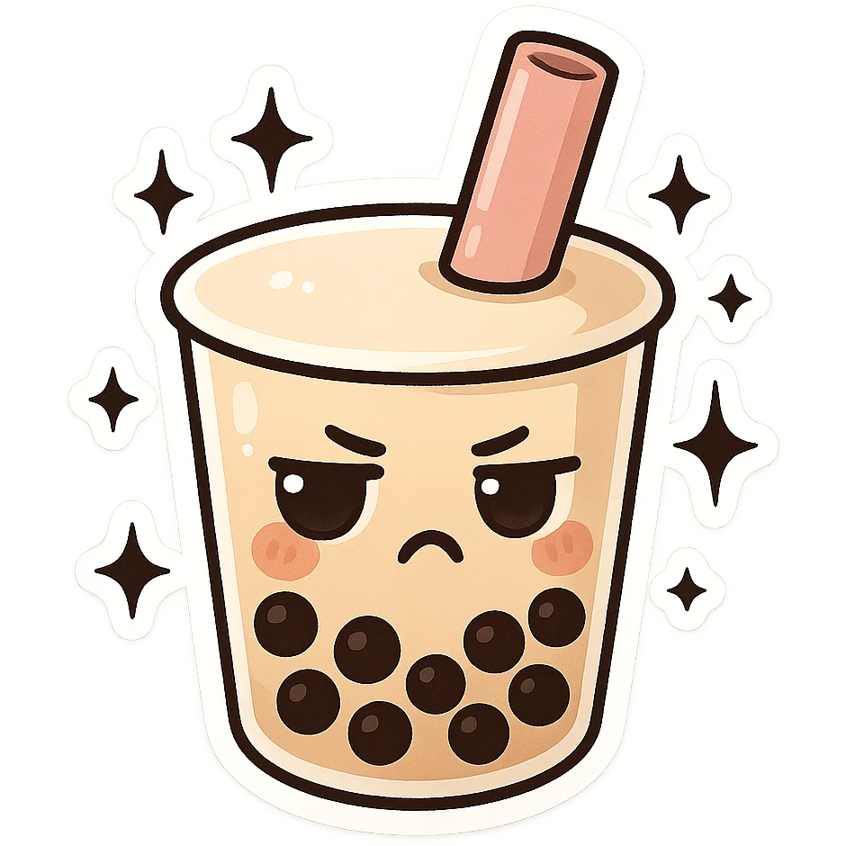 chibi sticker-style bubble tea with black sparkles and a moody expression, cute and exaggerated emoji