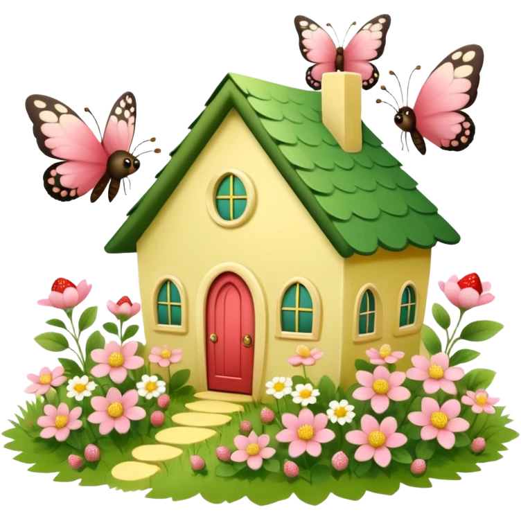 Very whimsical little house with tiny soft red strawberries and earthy green leaves growing in the front, along with soft pink flowers and buttery soft yellow wild flowers, regular green colored grass, butterflies flying close with big pastel colored wings .  emoji