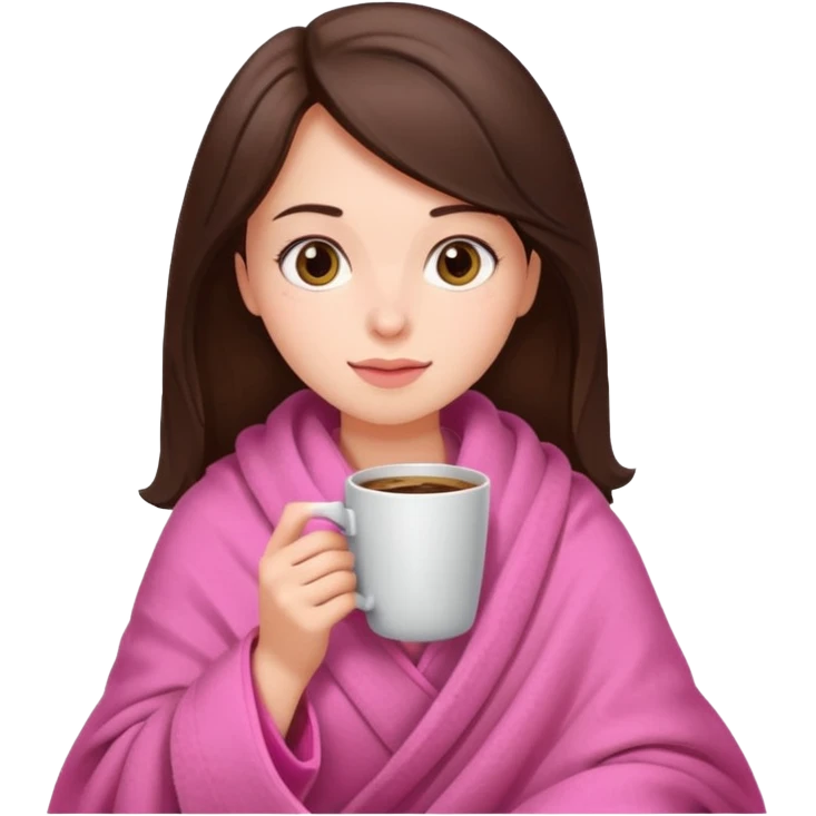Brunette girl in pink blanket drinking coffee emoji