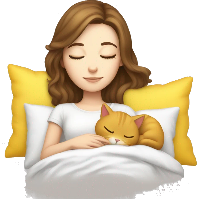 White girl brown hair sleeping with yellow kitty emoji