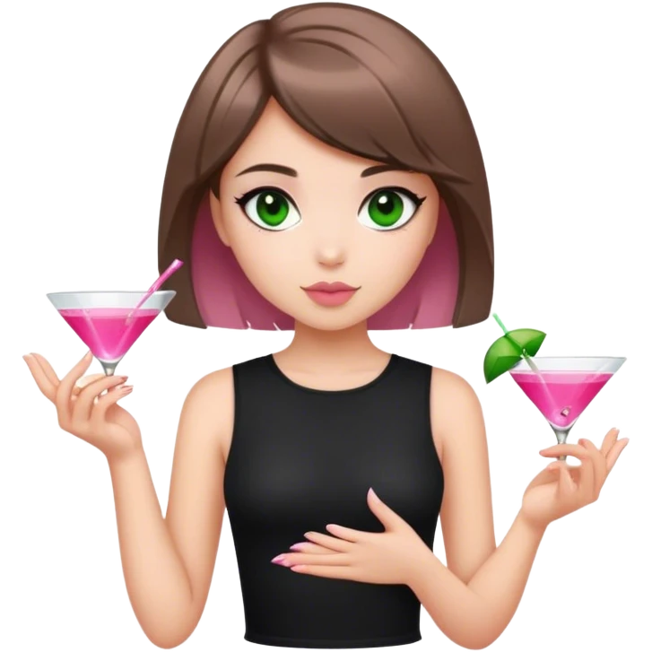 light brunette short hair girl black top holding a pink cosmo dark green eyes emoji