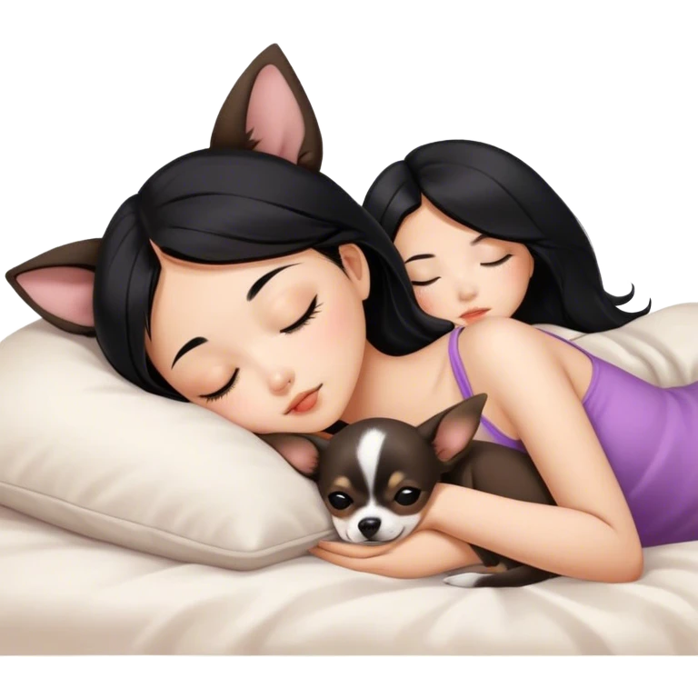 Coquette teenage cute asian black hair girl sleeping with brown chihuahua  emoji
