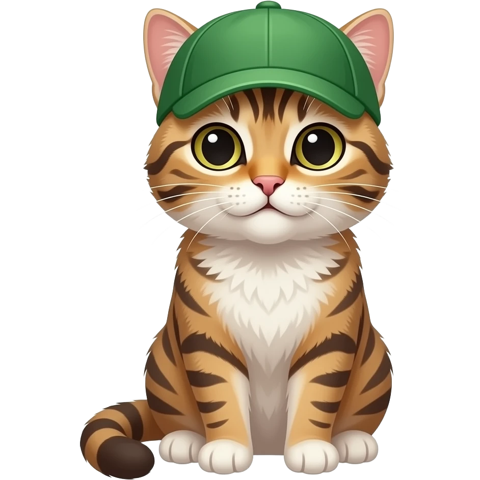 cat sitting pose front view wear green cap emoji