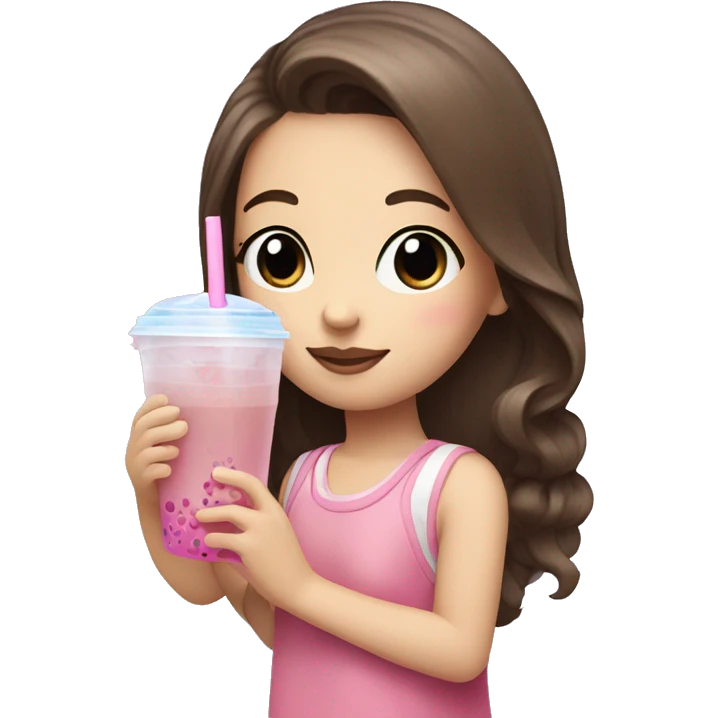 Girl with brown hair and blue eyes drinking pink bubble tea emoji