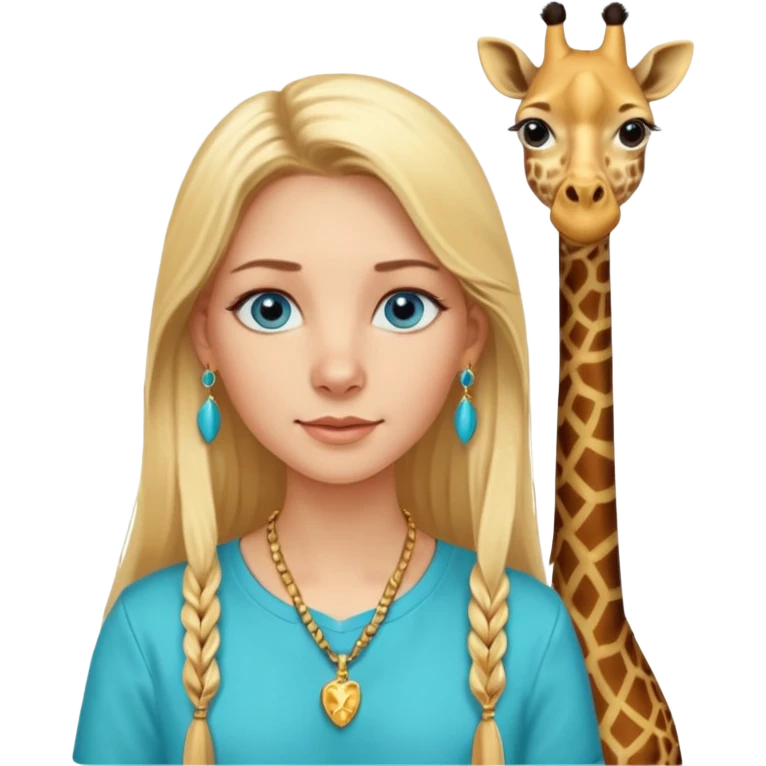 Swedish girl blonde long straigt hair blue eyes turqoise shirt gold earings girrafe necklace gold small emoji