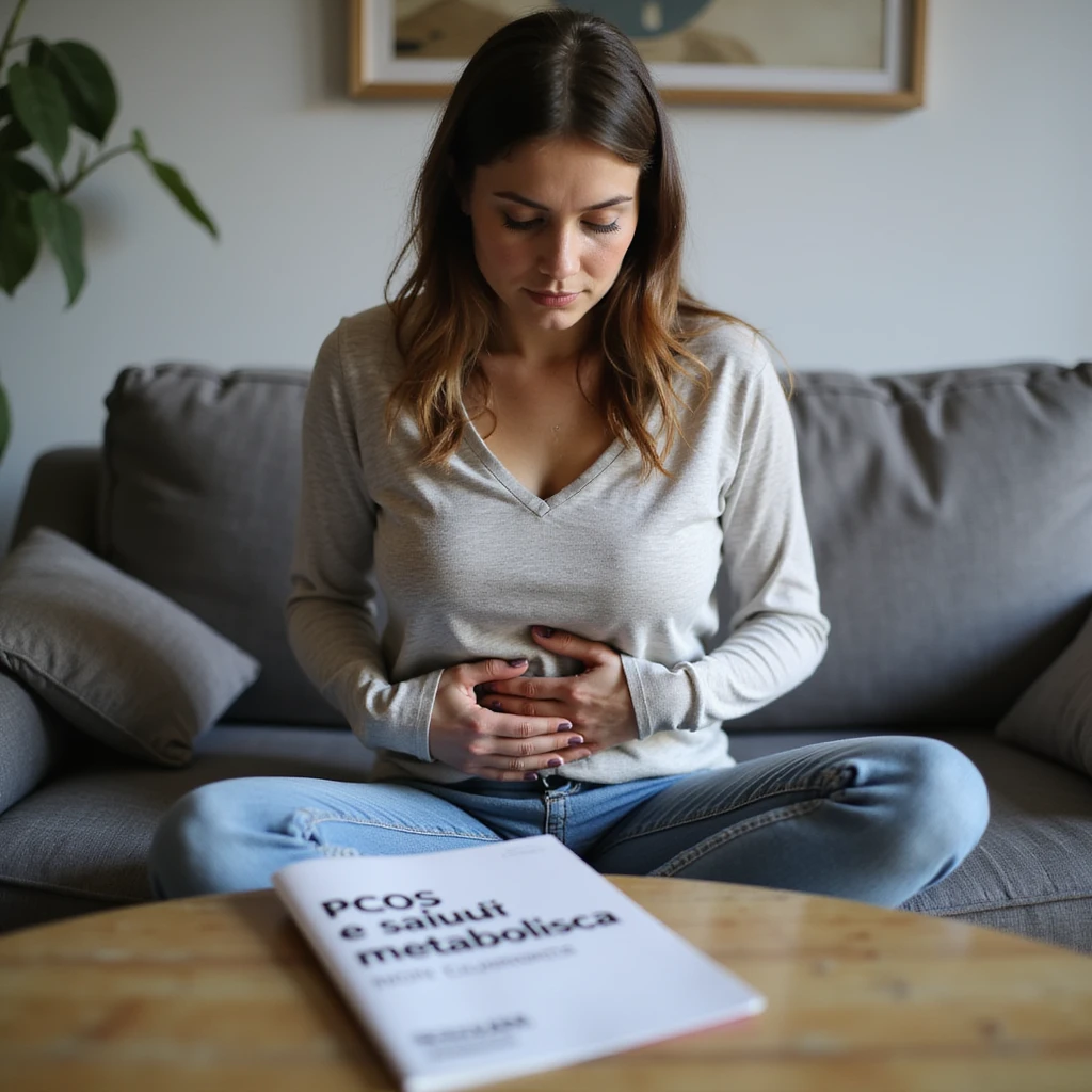 woman in casual clothing sitting on sofa, hand on abdomen with thoughtful expression, brochure on table in front with Italian text: 'PCOS e salute metabolica: non trascurare i segnali', realistic style, 4K quality emoji