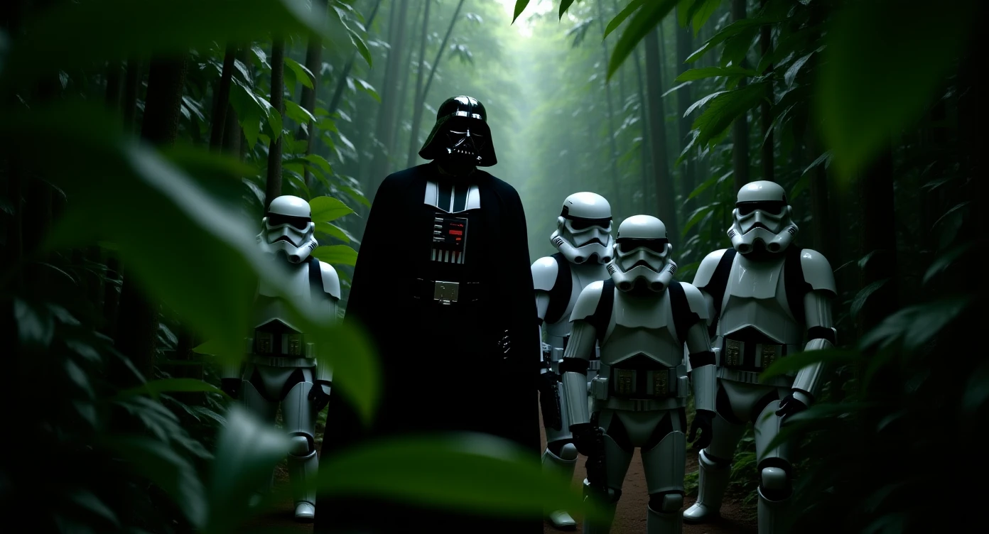 Portrait photo, Closeup shot, amazon jungle,  blurred plants in the foreground (frame within a frame), Darth Vader around stormtroopers coming out from starship on ground, they are exploring the jungle emoji
